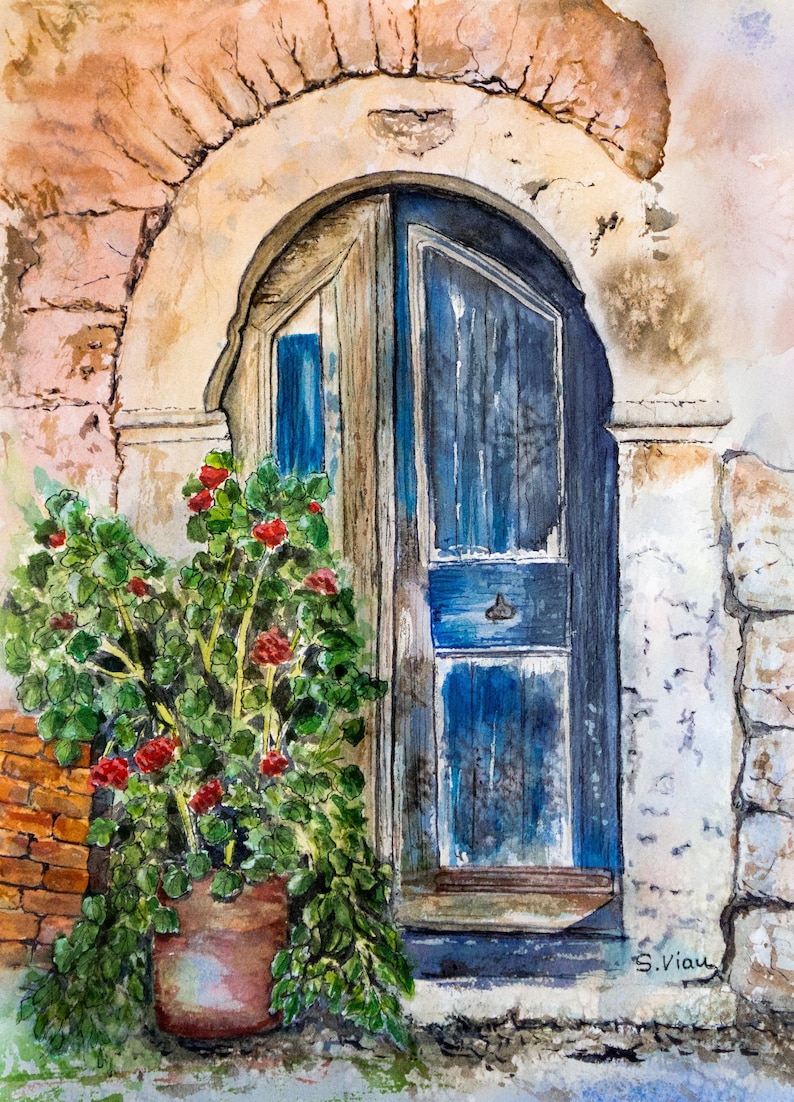 European Painting Italy old Blue Door Etsy