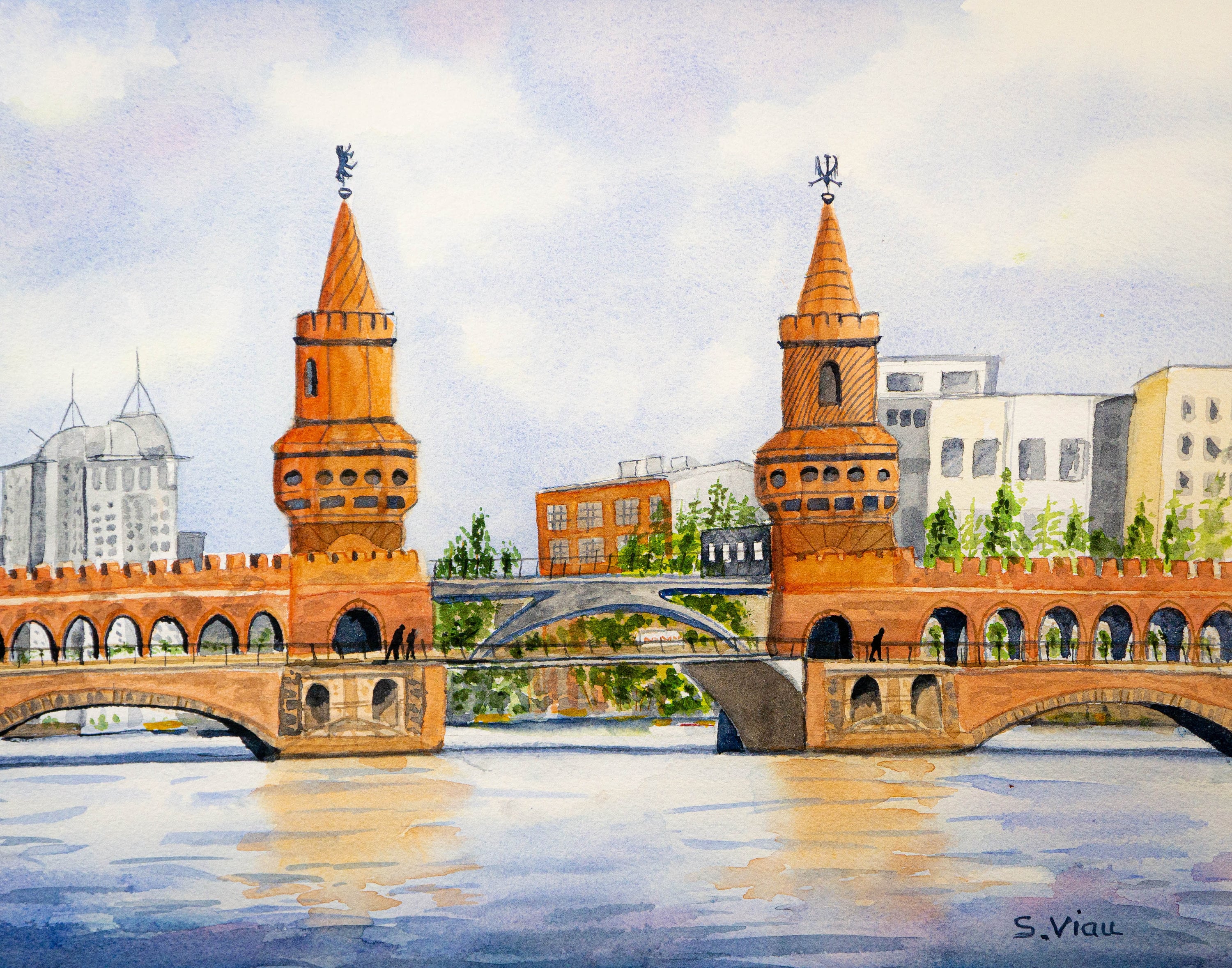 European Painting river Spree Oberbaum Bridge Berlin, Germany