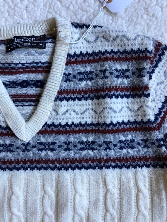 Vintage Jantzen Mens V-neck Sweater Fair Isle Whi… - image 6