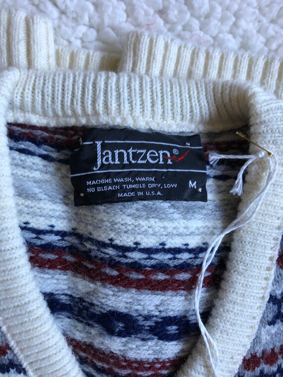 Vintage Jantzen Mens V-neck Sweater Fair Isle Whi… - image 3