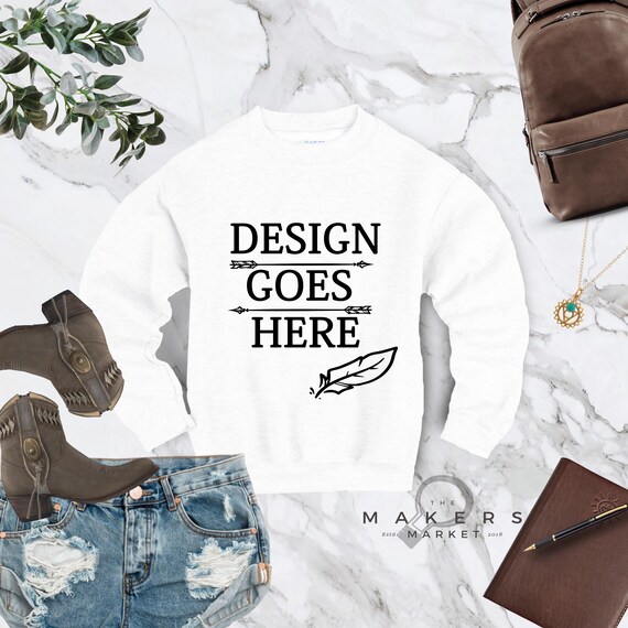 White Crew Neck Mock Up Sweatshirt Download Gildan 18000 Etsy