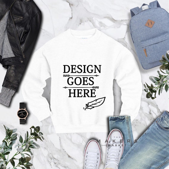 Download White Crew Neck Mock Up Sweatshirt Download Gildan 18000 Etsy
