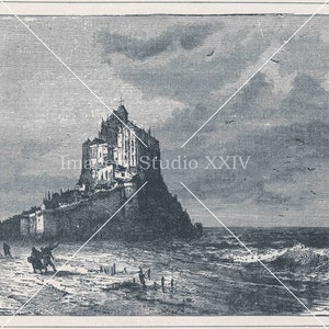Mont Saint Michel Black and White Antique Vintage Photograph Illustration Instant Digital Download