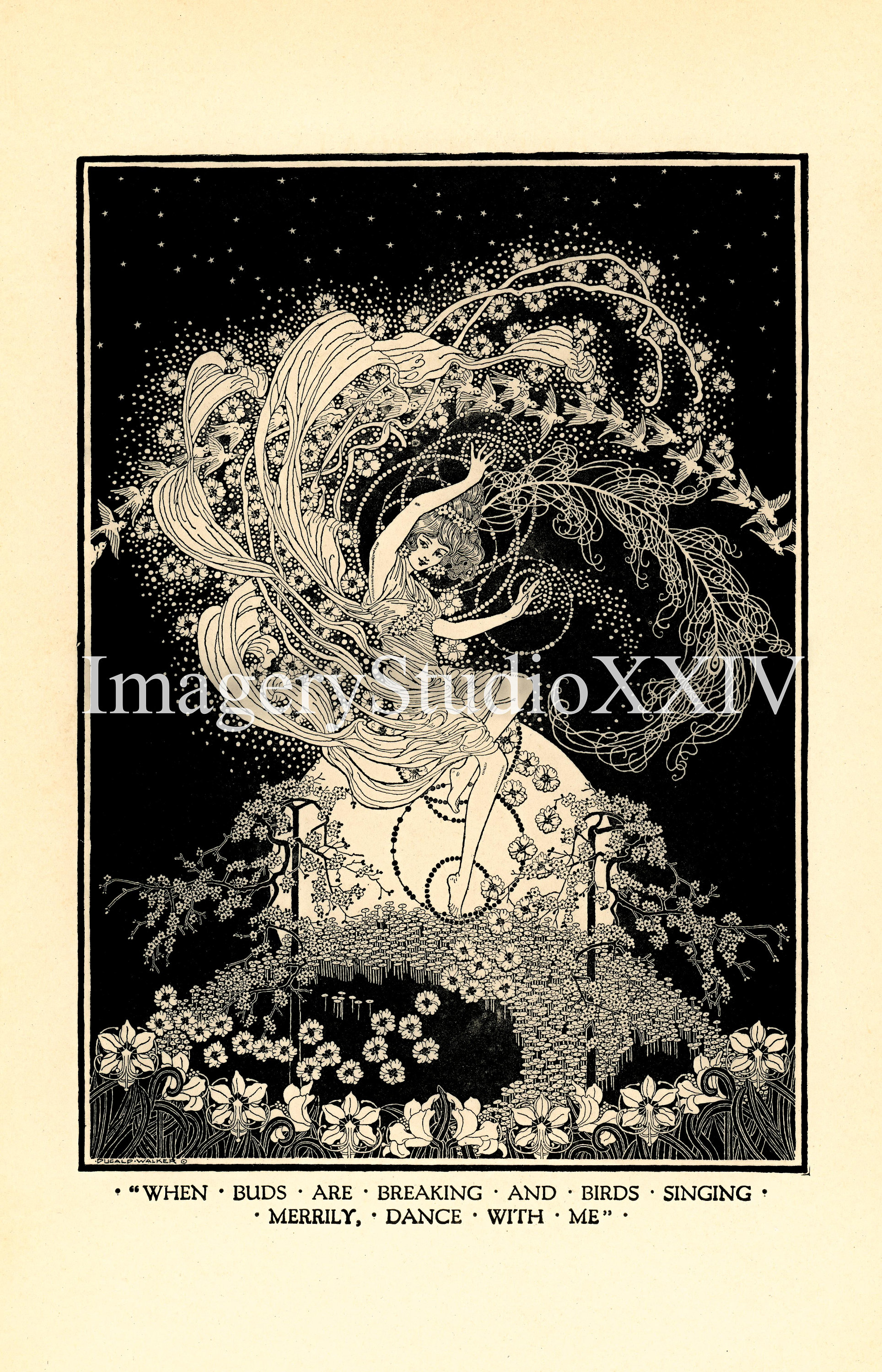 Antique Vintage Black & White Fairy Mystic Drawing Illustration Etch ...