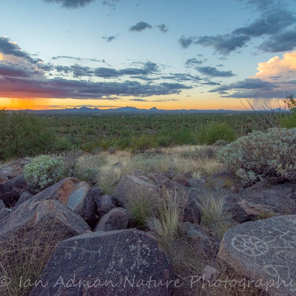 Arizona Desert Petroglyphs American Indian Rock Art Sunset Tohono O'odham Nation Western Saguaro Landscape Photography IMAGE DOWNLOAD Print