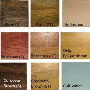 May include: Nine wood stain color samples, including Slate, Bordeaux, Cordovan Brown, Unfinished, and Only Polyurethane. Each sample shows the stain color on a wood surface.