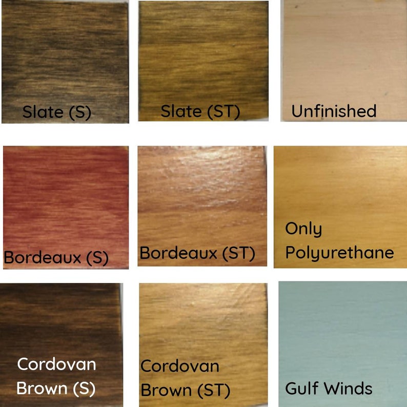 May include: Nine wood stain color samples, including Slate, Bordeaux, Cordovan Brown, Unfinished, and Only Polyurethane. Each sample shows the stain color on a wood surface.