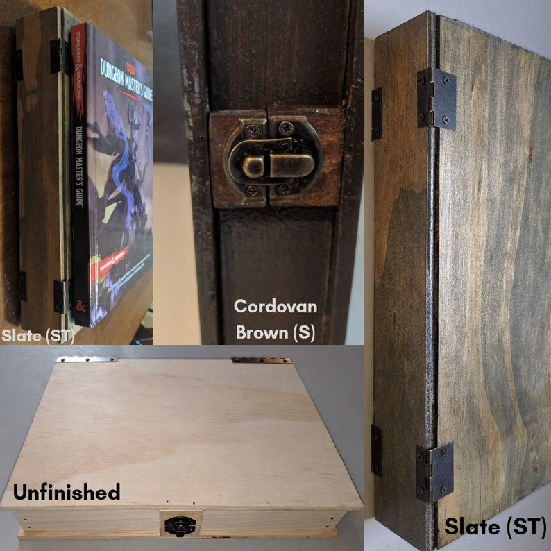 May include: Three wooden boxes with different finishes: unfinished, slate, and Cordovan brown. Each box has a brass latch and hinges. The boxes are all the same size and shape.