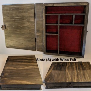 May include: A wooden box with a hinged lid, stained in a dark brown color. The inside of the box is lined with red felt and has multiple compartments. The box is labeled "Slate (S) with Wine Felt".
