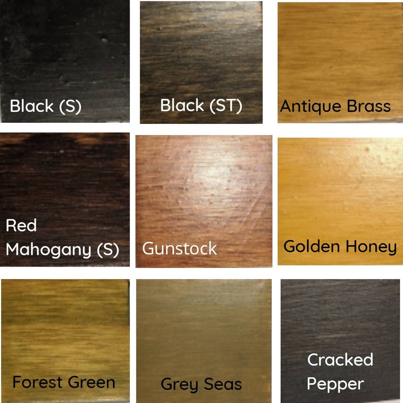 May include: Nine wood stain color samples, including Black (S), Black (ST), Antique Brass, Red Mahogany (S), Gunstock, Golden Honey, Forest Green, Grey Seas, and Cracked Pepper.