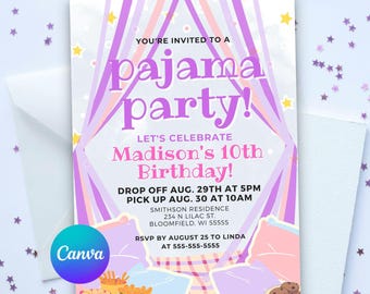 Pajama Party Birthday Invitation Template, Editable Girls Sleep Over Invitation, Girls Slumber Party Birthday (Digital Download)