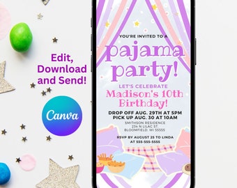 Pajama Party Mobile Invitation, Birthday Evite Template (Canva)
