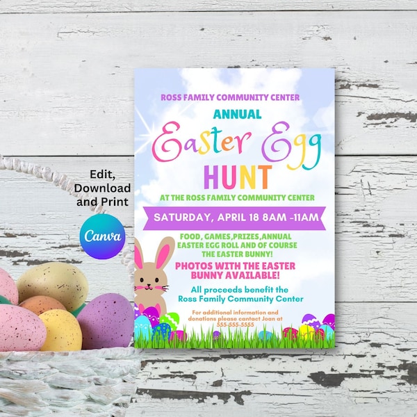 Easter Egg Hunt Flyer, Easter Bunny Flyer, Editable Easter Flyer Template, Fundraiser Flyer, Church Flyer, PTO PTA Flyer, Easter Flyer