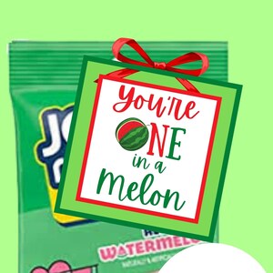 Può includere: Un sacchetto verde di caramelle Jolly Rancher al gusto di anguria con un'etichetta regalo rossa e verde che dice "You're One in a Melon". L'etichetta ha un'immagine di anguria. Il sacchetto include due etichette regalo da 2" e 2,5".