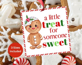 May include: A festive arrangement of gingerbread cookies and peppermint candies on a white plate. A gift tag with a gingerbread man illustration and the text "a little treat for someone sweet" is attached with a red ribbon. The tag also says "3 Sizes Included".