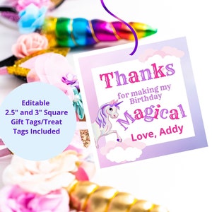 Unicorn Gift Tags, Unicorn Thank You Tags, Editable Gift Tags, Editable Treat Tags, Birthday Gift Tags, Birthday Party Tags, Rainbow Tags