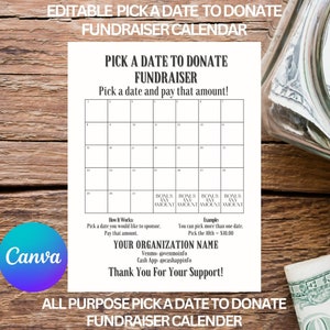 Editable All Purpose Fundraiser Calendar, Pick a Date to Donate Printable, Calendar Fundraiser, Sport Calendar Fundraiser, Pick A Date