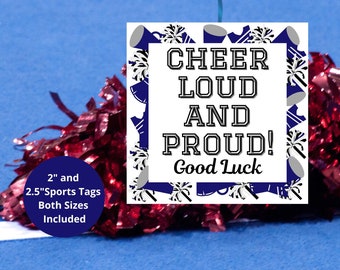 Puede incluir: Señal de ánimo con pompones azules y blancos y el texto "Cheer Loud and Proud! Good Luck".