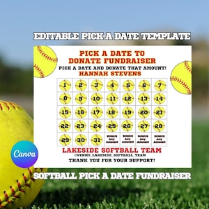 Editable Softball Calendar Fundraiser Pick a Date to Donate Printable