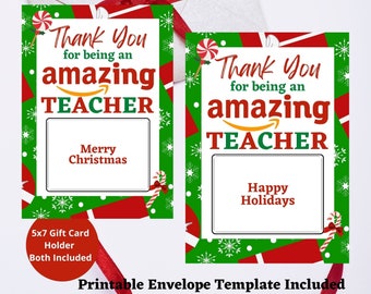 Teacher Christmas Gift Card Holder, Printable Thank You Card (PDF)