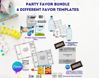 Editable Party Favor Template Bundle, Canva Chip Bag, Water Bottle, Cookie (Digital Download)