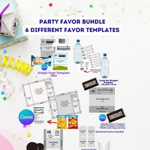 May include: A set of six printable party favor templates for Canva. The templates include designs for Krispie treats, candy bars, cookies, and water bottles. The templates are editable and include nutritional facts.