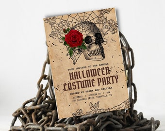 May include: Vintage Halloween party invitation with a skull and red rose graphic. The text reads "Your invited to our annual Halloween Costume Party Hosted by Frank and Delilah Saturday | October 30 | 8PM 345 Lansdale Drive, Tansville, PA"