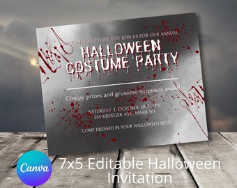 May include: A silver and red Halloween costume party invitation with bloody handprints and splatters. The invitation text reads "We're dying to have you join us for our annual Halloween Costume Party. Creepy prizes and gruesome surprises await. Saturday | October 30 | 7PM. 555 Krueger Ave, Mash WA. Come dressed in your Halloween best!"