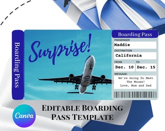 Editable Surprise Boarding Pass Template, Printable Airplane Ticket (Canva)
