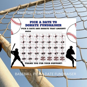 Baseball Calendar Fundraiser, Pick a Date to Donate Printable, Baseball Fundraiser, Sport Calendar Fundraiser, Baseball Fundraiser Printable