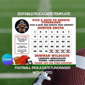 Kalendarz zbiórki funduszy na rzecz piłki nożnej, wybierz datę, aby przekazać darowiznę do druku, edytowalny kalendarz zbiórki funduszy na rzecz piłki nożnej, kalendarz sportowy zbiórki funduszy, wybierz datę