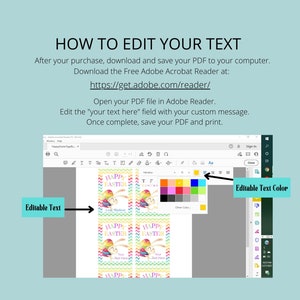 May include: A teal background with instructions on how to edit text in a PDF. The text includes a link to download Adobe Acrobat Reader. The image shows a computer screen with a PDF open, highlighting editable text and color options.
