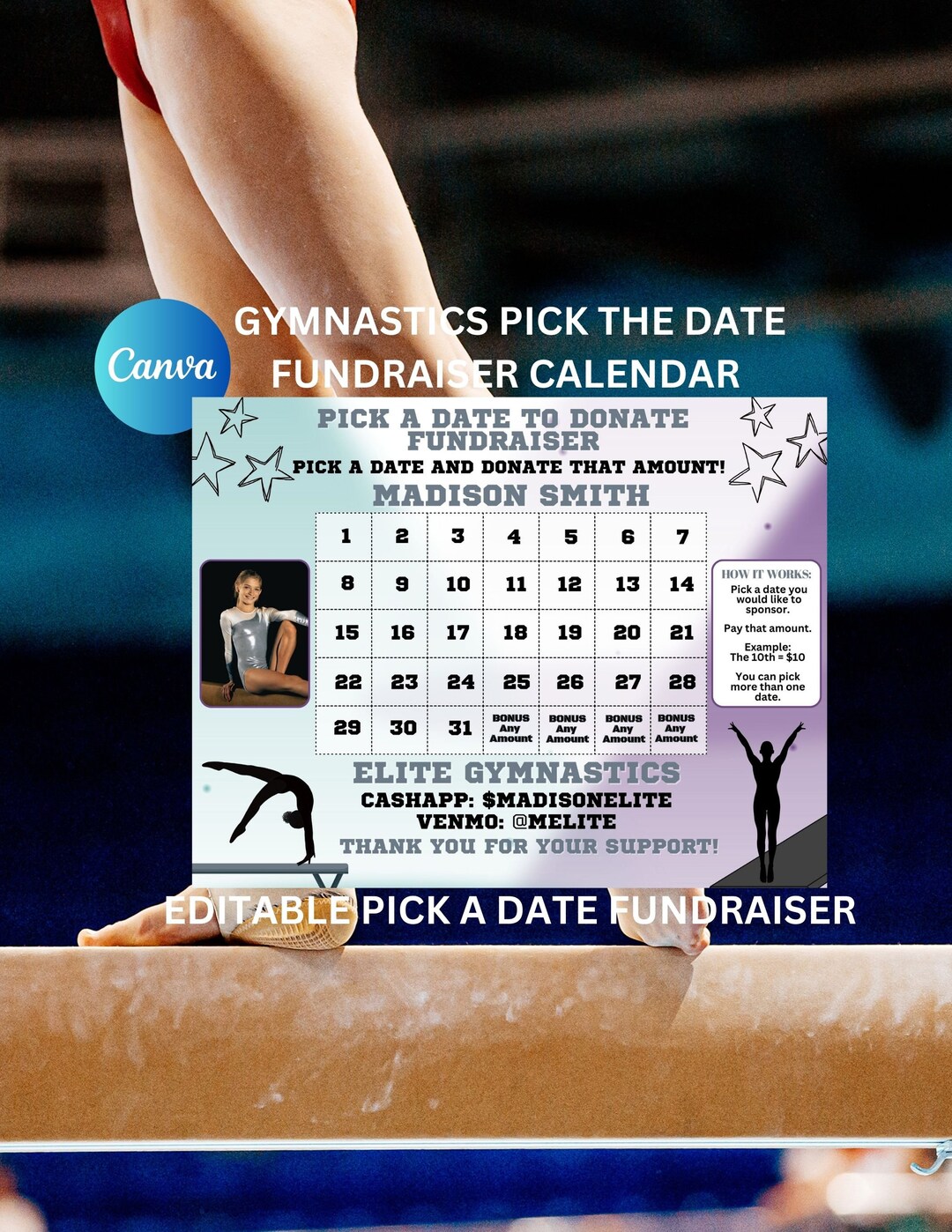 Editable Gymnastic Calendar Fundraiser, Pick a Date to Donate Printable