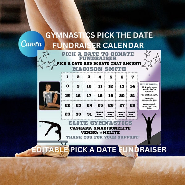 Editable Gymnastic Calendar Fundraiser, Pick a Date to Donate Printable, Gymnastic Fundraiser, Sport Calendar Fundraiser,  Pay The Date