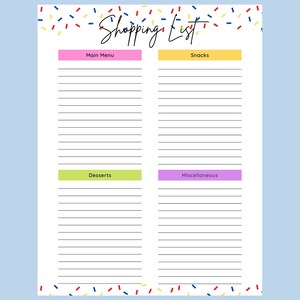May include: A printable shopping list with colourful confetti at the top and bottom. The list is divided into four sections: Main Menu, Snacks, Desserts, and Miscellaneous. Each section has a coloured header and lined spaces for writing.