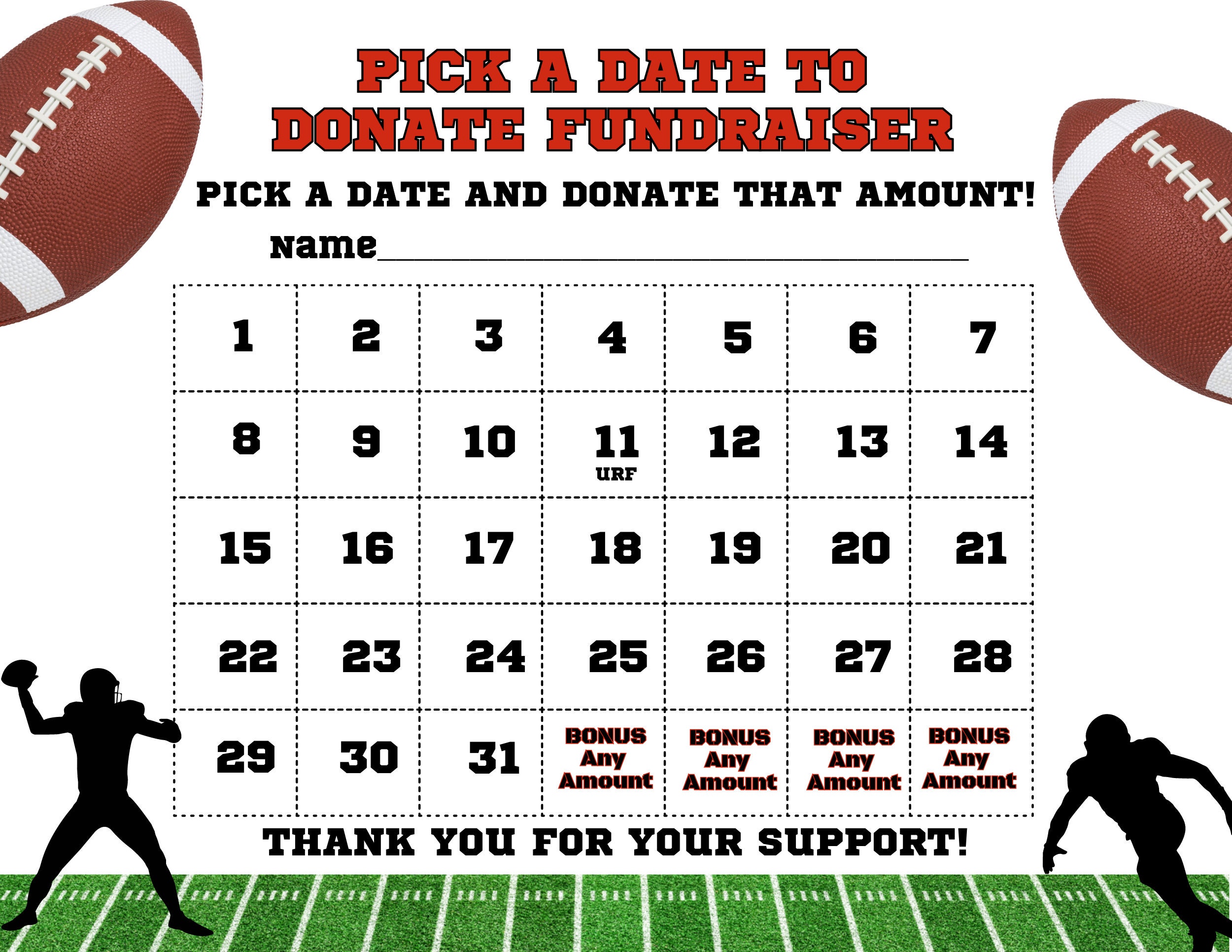 Football Calendar Fundraiser Pick a Date to Donate Printable - Etsy UK