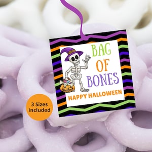 May include: A square Halloween gift tag featuring a cartoon skeleton wearing a purple witch hat and holding a pumpkin bucket. The text reads BAG OF BONES and HAPPY HALLOWEEN. The tag has a black border with colorful zig-zag stripes and a purple string.
