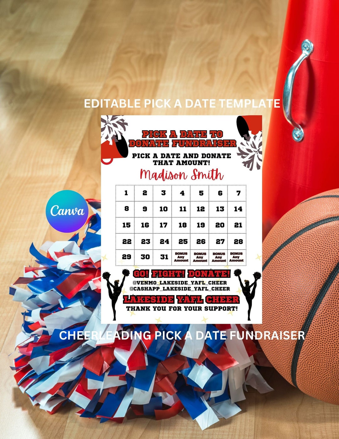 Editable Cheerleading Calendar Fundraiser, Pick a Date to Donate