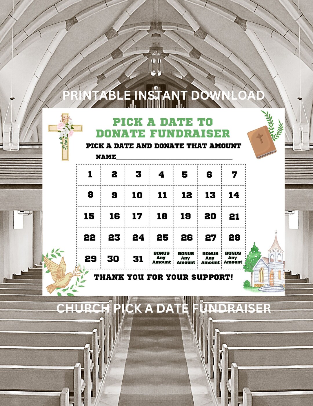 Church Calendar Fundraiser, Pick a Date to Donate Printable, Church Fundraiser, Mission Trip ...