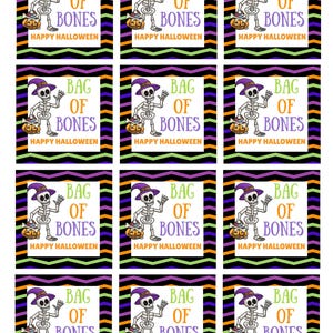 May include: A sheet of twelve square stickers featuring a skeleton wearing a purple witch hat and holding a pumpkin bucket. The text reads BAG OF BONES and HAPPY HALLOWEEN. The background has a black, purple, orange, and green chevron pattern.