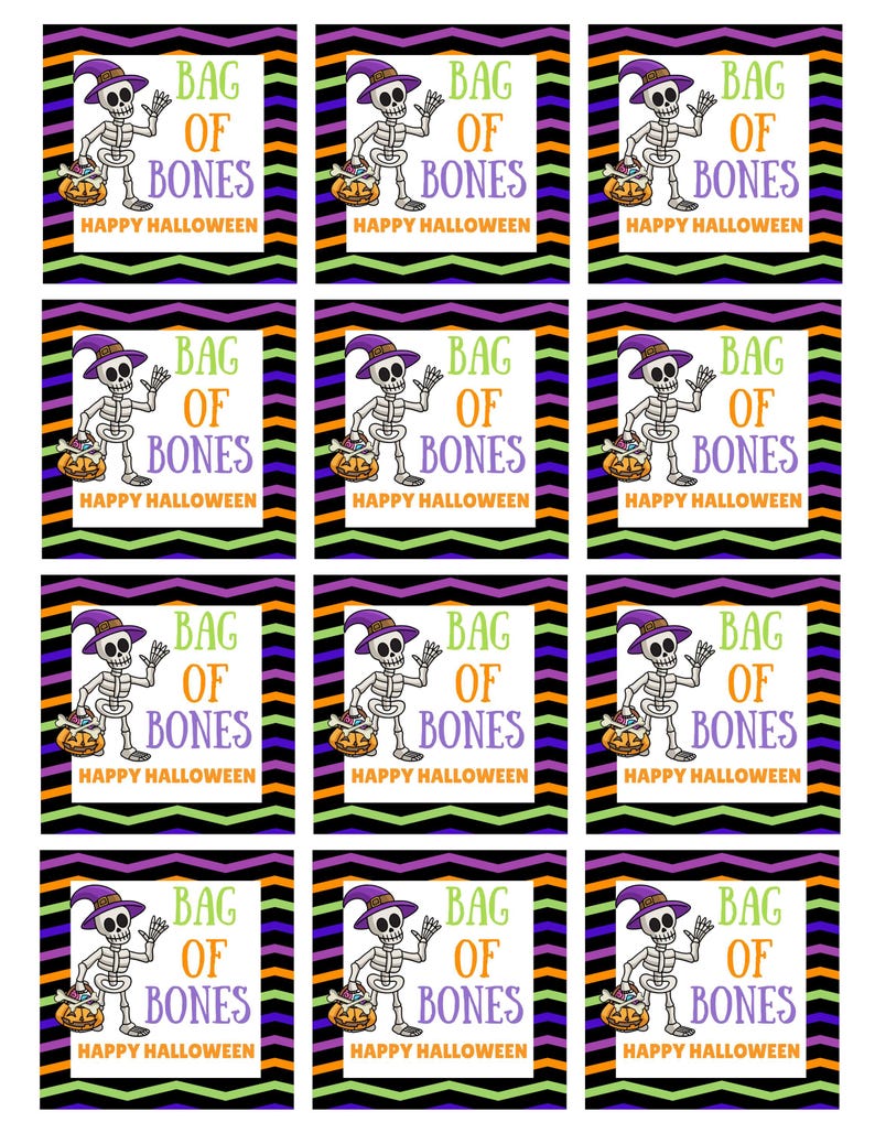 May include: A sheet of twelve square stickers featuring a skeleton wearing a purple witch hat and holding a pumpkin bucket. The text reads BAG OF BONES and HAPPY HALLOWEEN. The background has a black, purple, orange, and green chevron pattern.