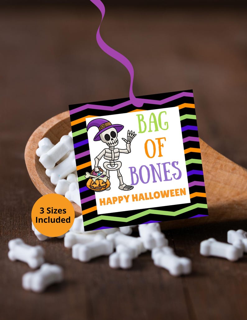 Printable Halloween Treat Tag, Bag of Bones Tag, Bone Appetit Tag, Skeleton Candy Bag Tag, Trick or Treat Tag (Digital Download) image 3