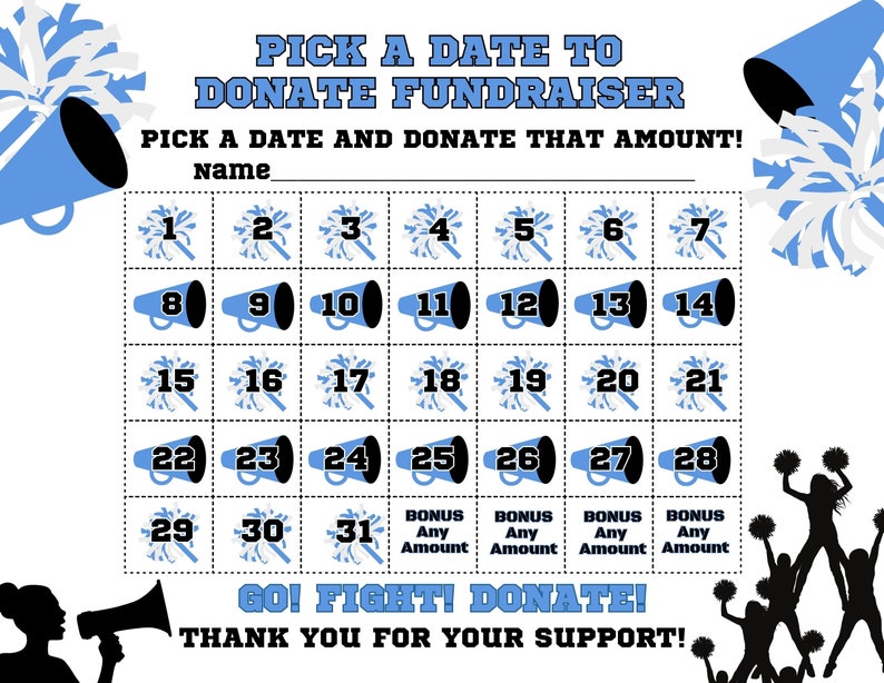 Cheerleading Calendar Fundraiser, Pick a Date to Donate (printable PDF ...