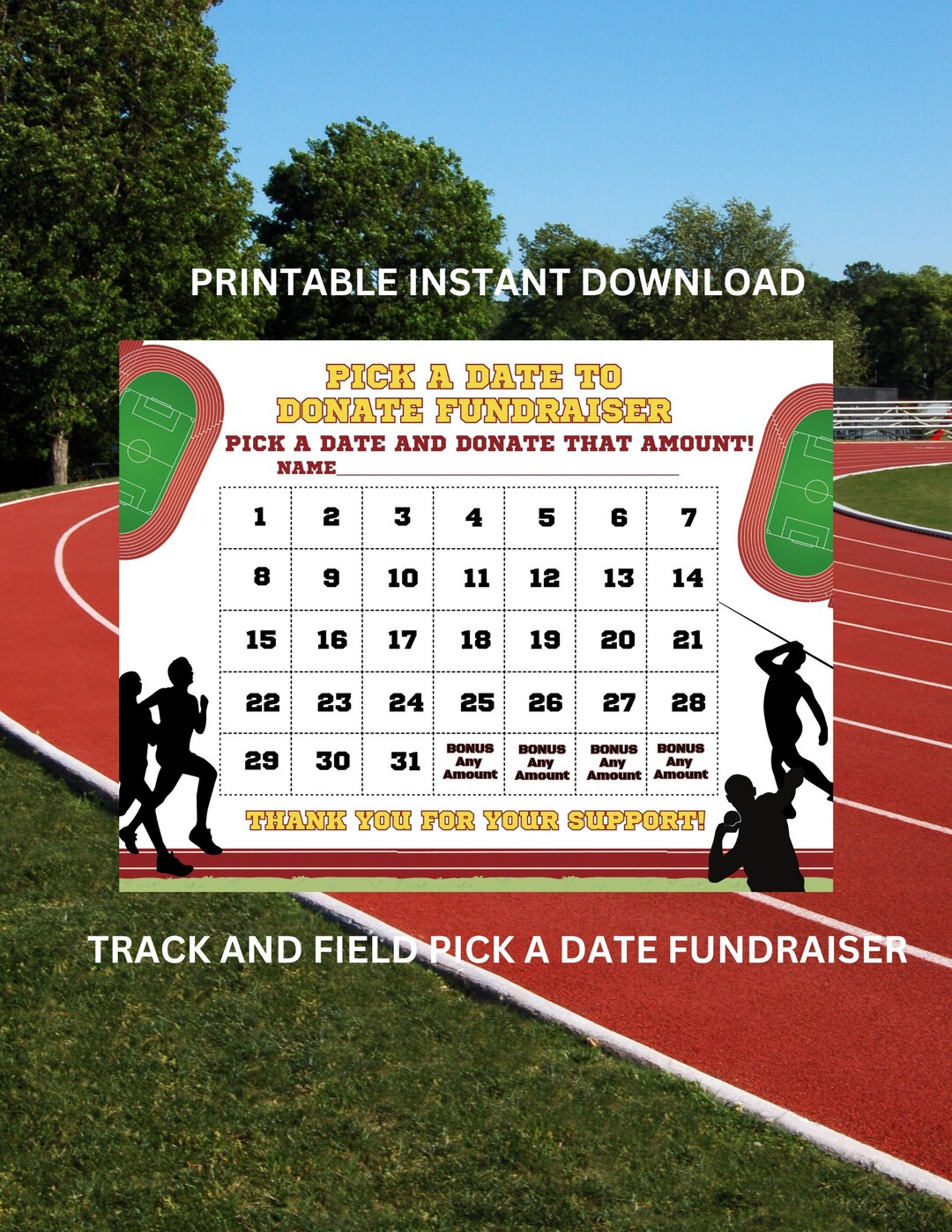 Track and Field Calendar Fundraiser, Pick a Date to Donate Printable
