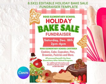 May include: A red and white checkered poster with a green and white Christmas tree design. The poster advertises a Holiday Bake Sale fundraiser for Ross Elementary School. The event will be held on Saturday, December 18th from 2pm to 4pm at the Ross Elementary School Cafeteria. The poster includes a list of baked goods that will be available for purchase, including cookies, cake, cupcakes, pies, brownies, pastries, and more. All proceeds will benefit the Ross Elementary After School Program. For additional information and donations, contact Joan at 555-555-5555.