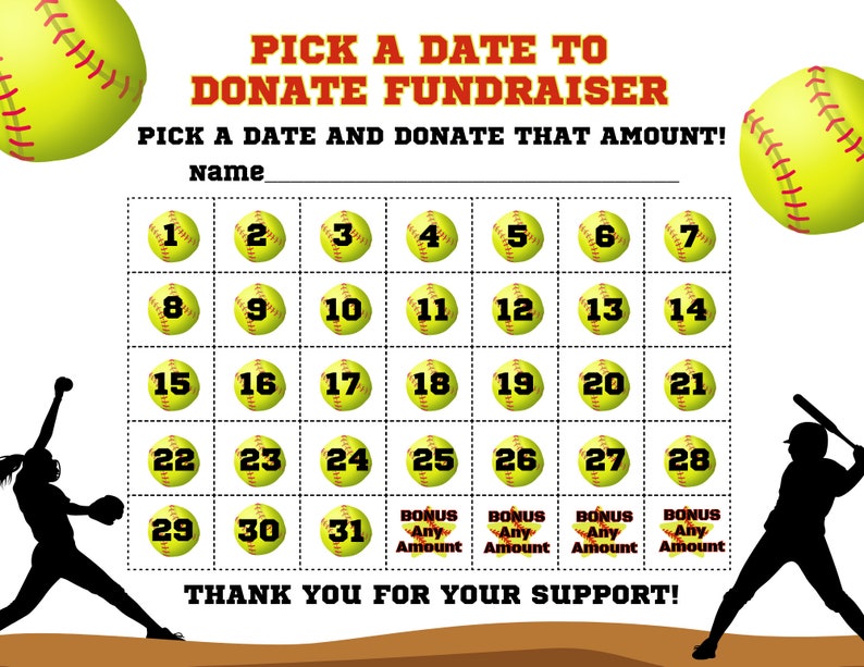 Softball Calendar Fundraiser, Pick a Date to Donate, Softball Player ...