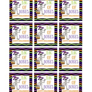 May include: A sheet of twelve square stickers featuring a cartoon skeleton wearing a purple hat and holding a pumpkin bucket. The text reads BAG OF BONES and HAPPY HALLOWEEN. The background has a black, purple, orange, and green chevron pattern.