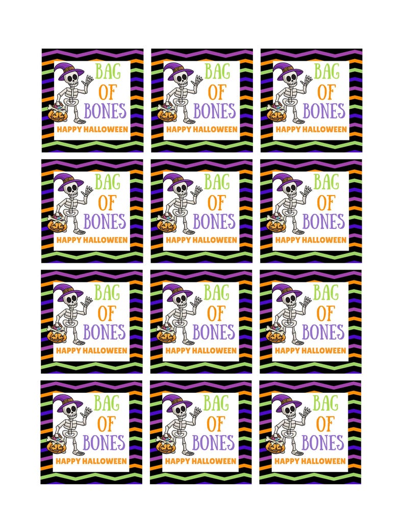 May include: A sheet of twelve square stickers featuring a cartoon skeleton wearing a purple hat and holding a pumpkin bucket. The text reads BAG OF BONES and HAPPY HALLOWEEN. The background has a black, purple, orange, and green chevron pattern.