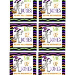 May include: Six square labels featuring a cartoon skeleton wearing a purple hat and holding a pumpkin bucket. The text reads BAG OF BONES and HAPPY HALLOWEEN. The background consists of horizontal black, purple, orange, and green chevron stripes.