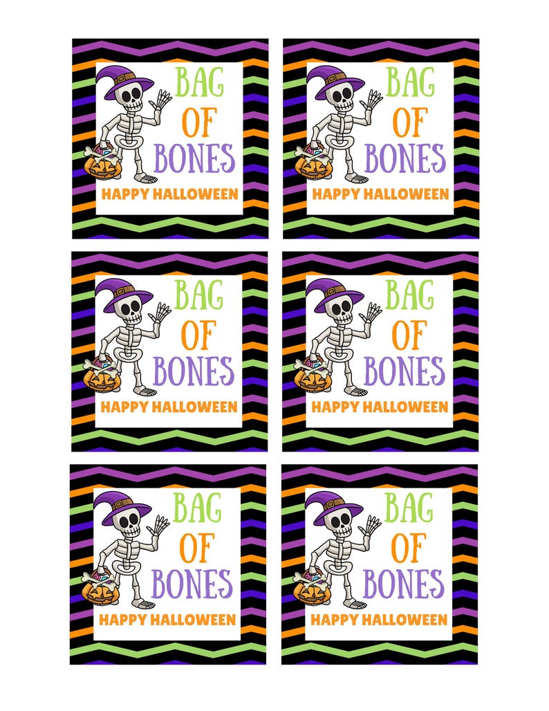 May include: Six square labels featuring a cartoon skeleton wearing a purple hat and holding a pumpkin bucket. The text reads BAG OF BONES and HAPPY HALLOWEEN. The background consists of horizontal black, purple, orange, and green chevron stripes.